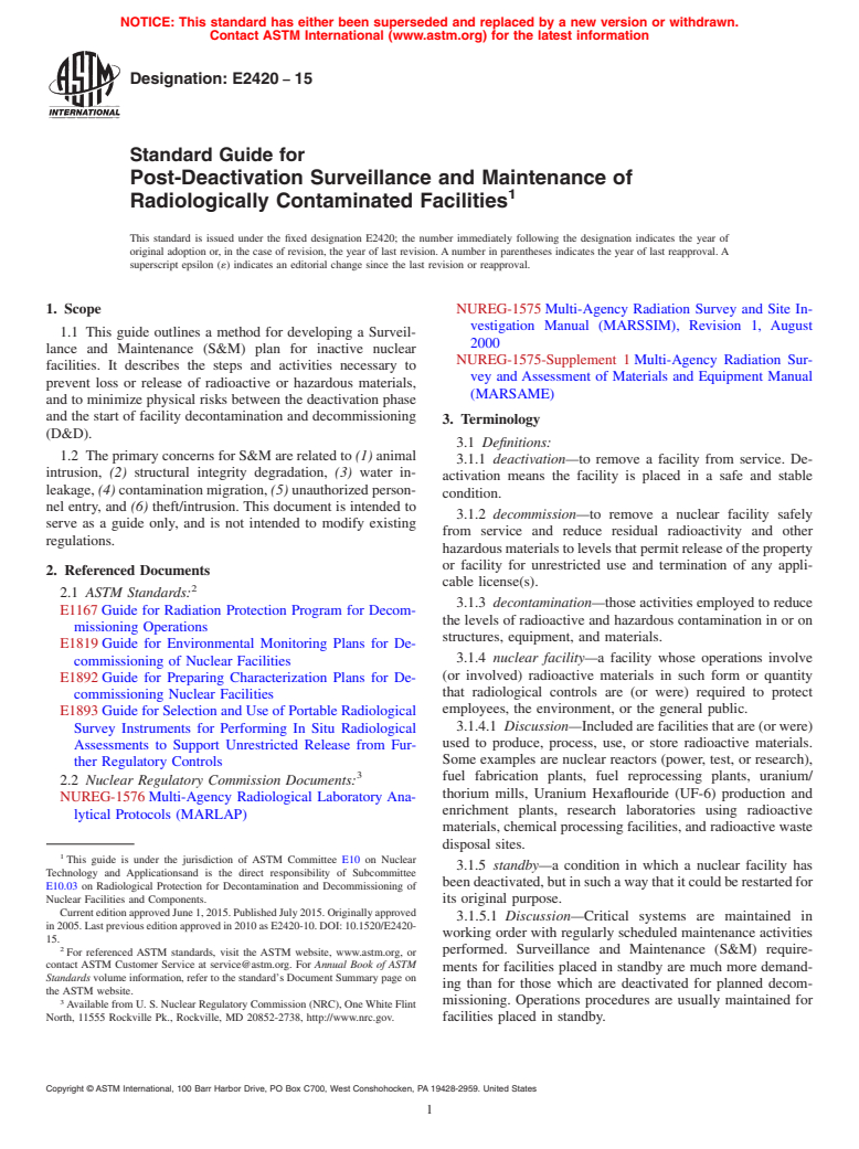 ASTM E2420-15 - Standard Guide for  Post-Deactivation Surveillance and Maintenance of Radiologically  Contaminated Facilities