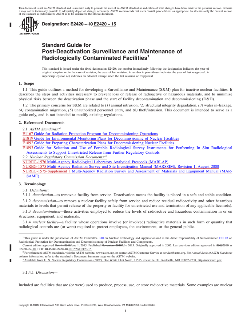 REDLINE ASTM E2420-15 - Standard Guide for  Post-Deactivation Surveillance and Maintenance of Radiologically  Contaminated Facilities