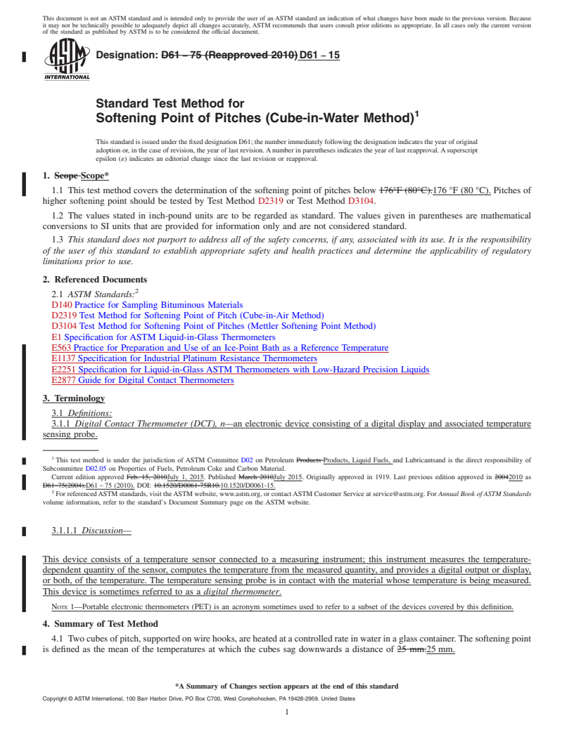 REDLINE ASTM D61-15 - Standard Test Method for  Softening Point of Pitches (Cube-in-Water Method)