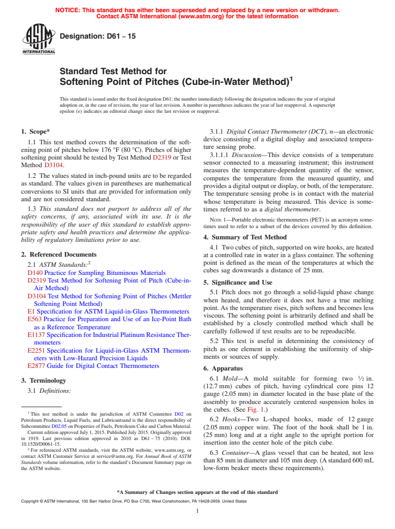 ASTM D61-15 - Standard Test Method for  Softening Point of Pitches (Cube-in-Water Method)