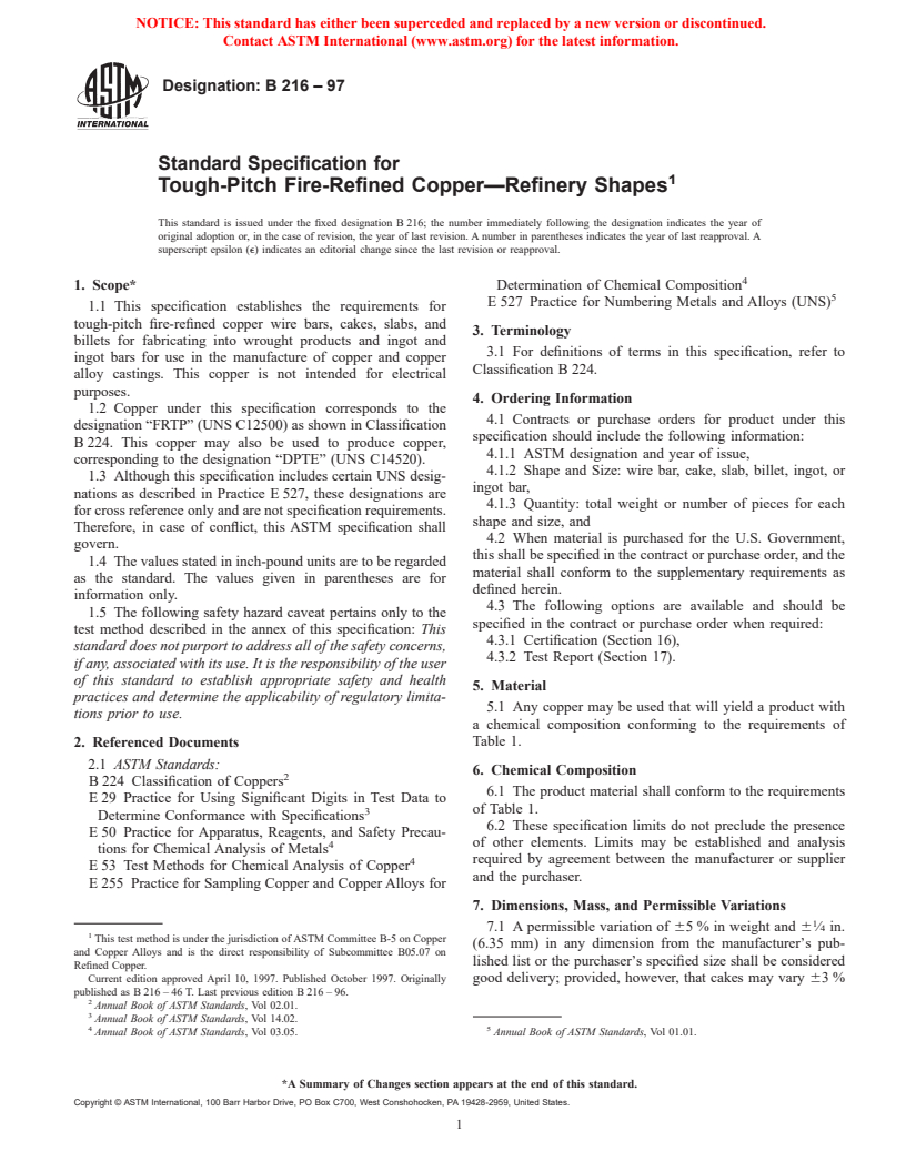 ASTM B216-97 - Standard Specification for Tough-Pitch Fire-Refined Copper Refinery Shapes