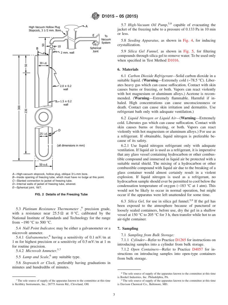 ASTM D1015-05(2015) - Standard Test Method for  Freezing Points of High-Purity Hydrocarbons (Withdrawn 2019)