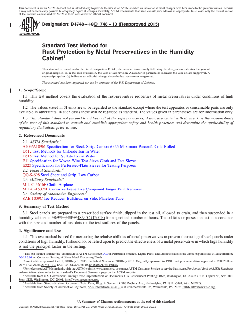 REDLINE ASTM D1748-10(2015) - Standard Test Method for Rust Protection by Metal Preservatives in the Humidity Cabinet