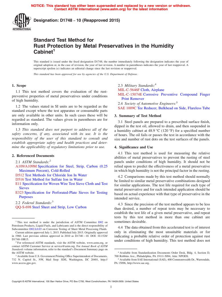 ASTM D1748-10(2015) - Standard Test Method for Rust Protection by Metal Preservatives in the Humidity Cabinet