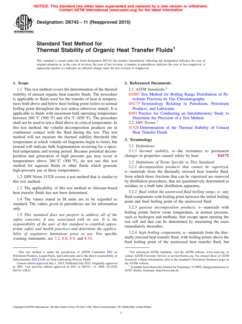 ASTM D6743-11(2015) - Standard Test Method for  Thermal Stability of Organic Heat Transfer Fluids