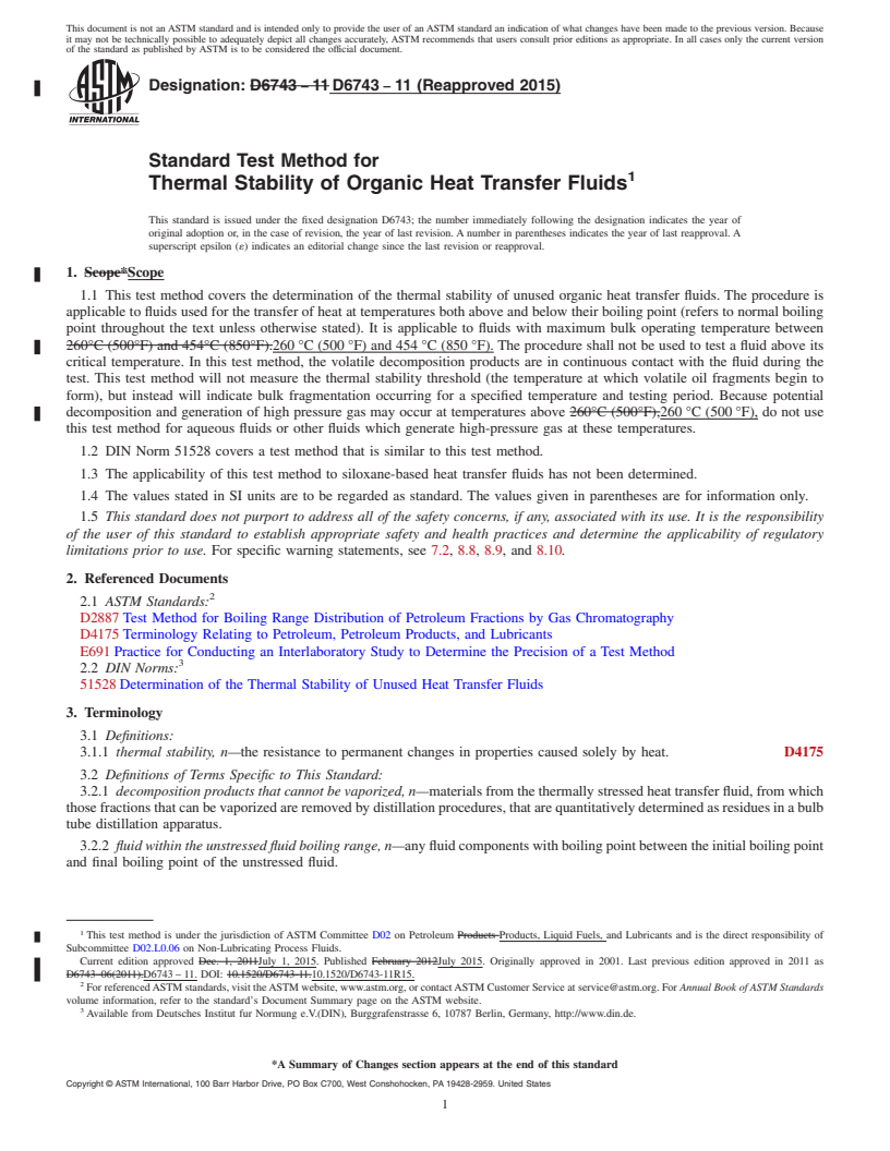 REDLINE ASTM D6743-11(2015) - Standard Test Method for  Thermal Stability of Organic Heat Transfer Fluids