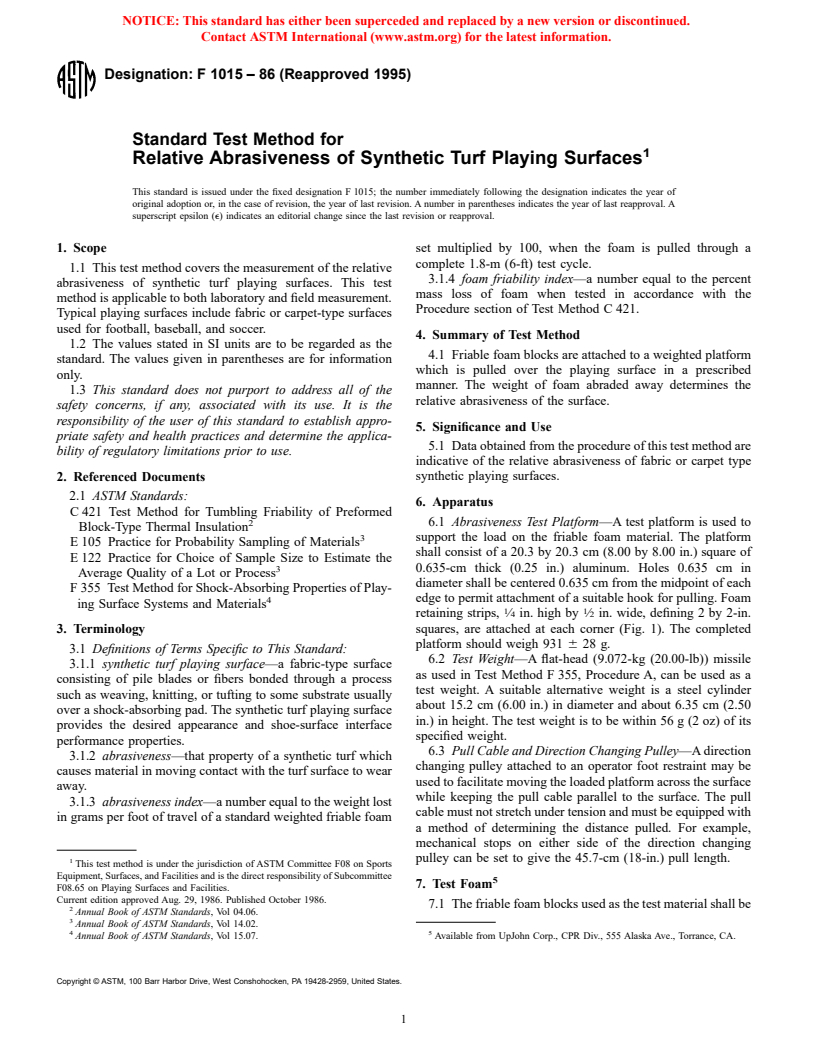 ASTM F1015-86(1995) - Standard Test Method for Relative Abrasiveness of Synthetic Turf Playing Surfaces