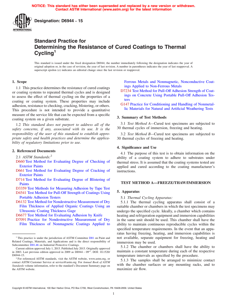 ASTM D6944-15 - Standard Practice for Determining the Resistance of Cured Coatings to Thermal Cycling