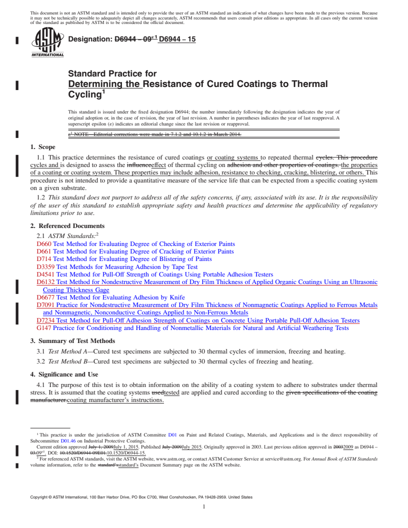 REDLINE ASTM D6944-15 - Standard Practice for Determining the Resistance of Cured Coatings to Thermal Cycling