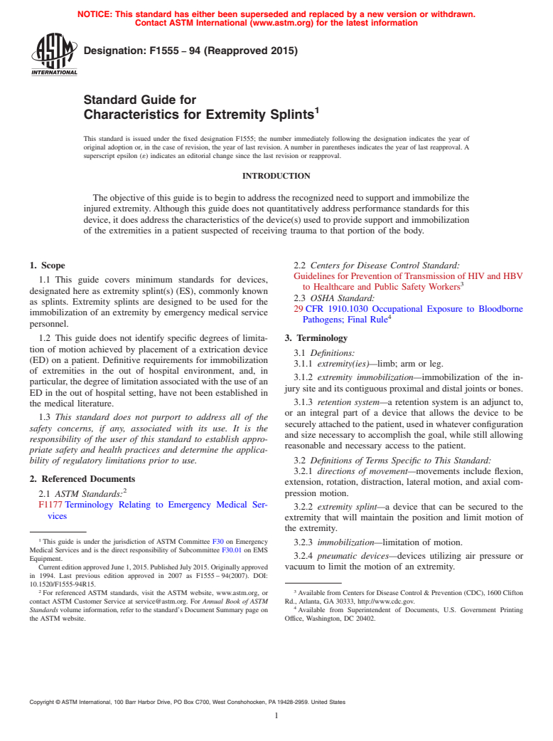 ASTM F1555-94(2015) - Standard Guide for  Characteristics for Extremity Splints (Withdrawn 2024)
