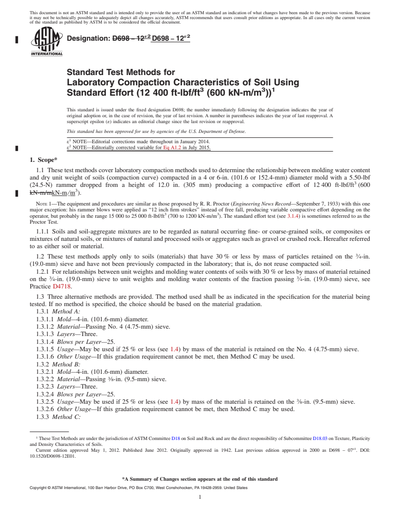 REDLINE ASTM D698-12e2 - Standard Test Methods for  Laboratory Compaction Characteristics of Soil Using Standard  Effort (12 400 ft-lbf/ft<sup>3</sup> (600 kN-m/m<sup>3</sup>))