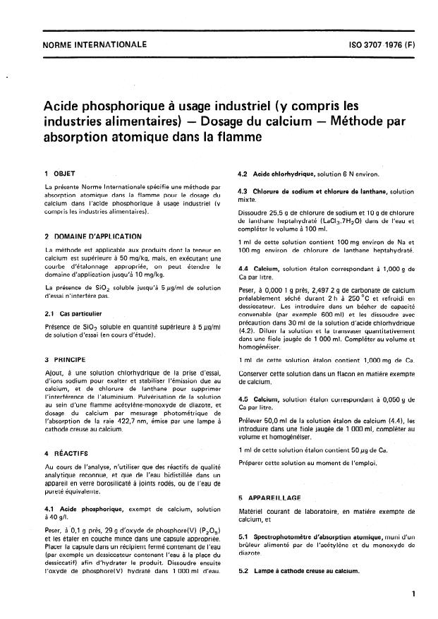 ISO 3707:1976 - Acide phosphorique a usage industriel (y compris les industries alimentaires) -- Dosage du calcium -- Méthode par absorption atomique dans la flamme