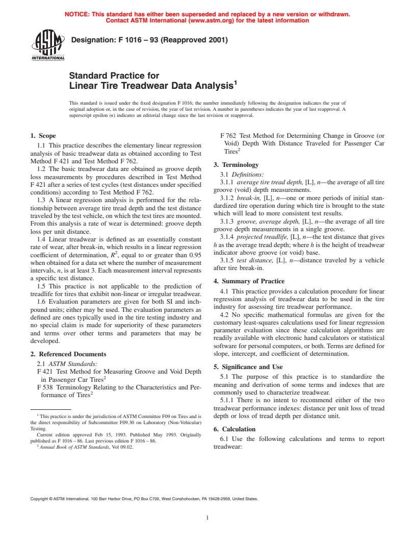 ASTM F1016-93(2001) - Standard Practice for Linear Tire Treadwear Data Analysis