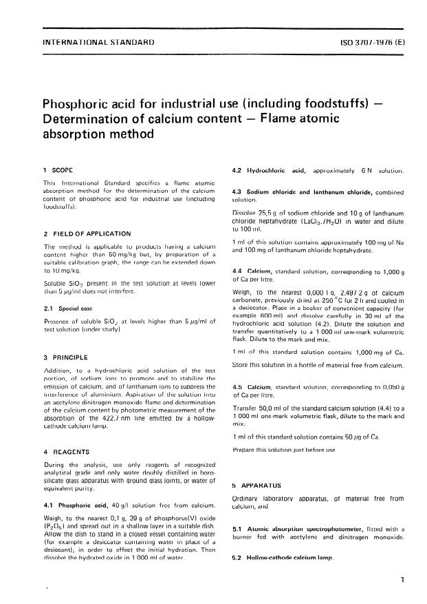 ISO 3707:1976 - Phosphoric acid for industrial use (including foodstuffs) -- Determination of calcium content -- Flame atomic absorption method