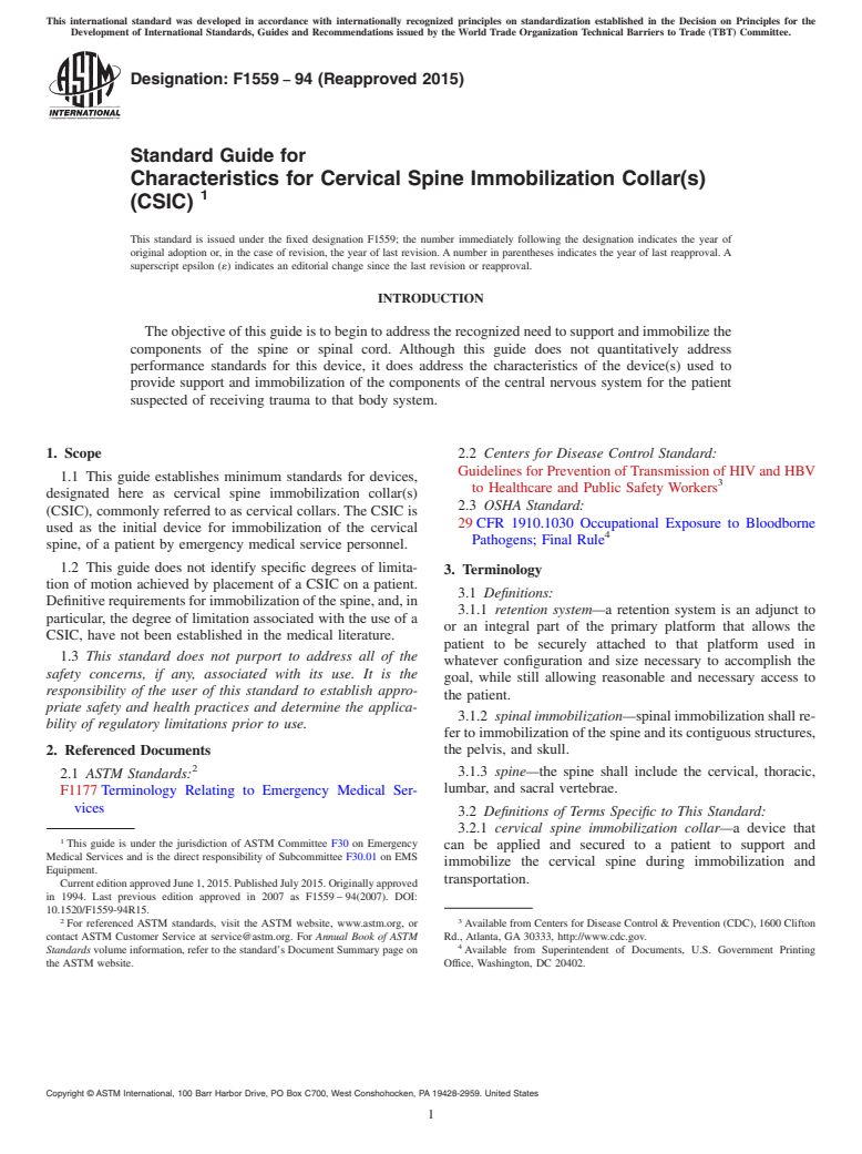 ASTM F1559-94(2015) - Standard Guide for  Characteristics for Cervical Spine Immobilization Collar(s)  (CSIC)