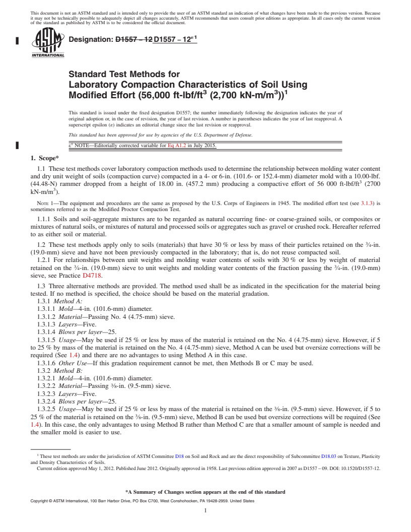 REDLINE ASTM D1557-12e1 - Standard Test Methods for Laboratory Compaction Characteristics of Soil Using Modified   Effort  (56,000 ft-lbf/ft<sup>3</sup> (2,700 kN-m/m<sup>3</sup>))