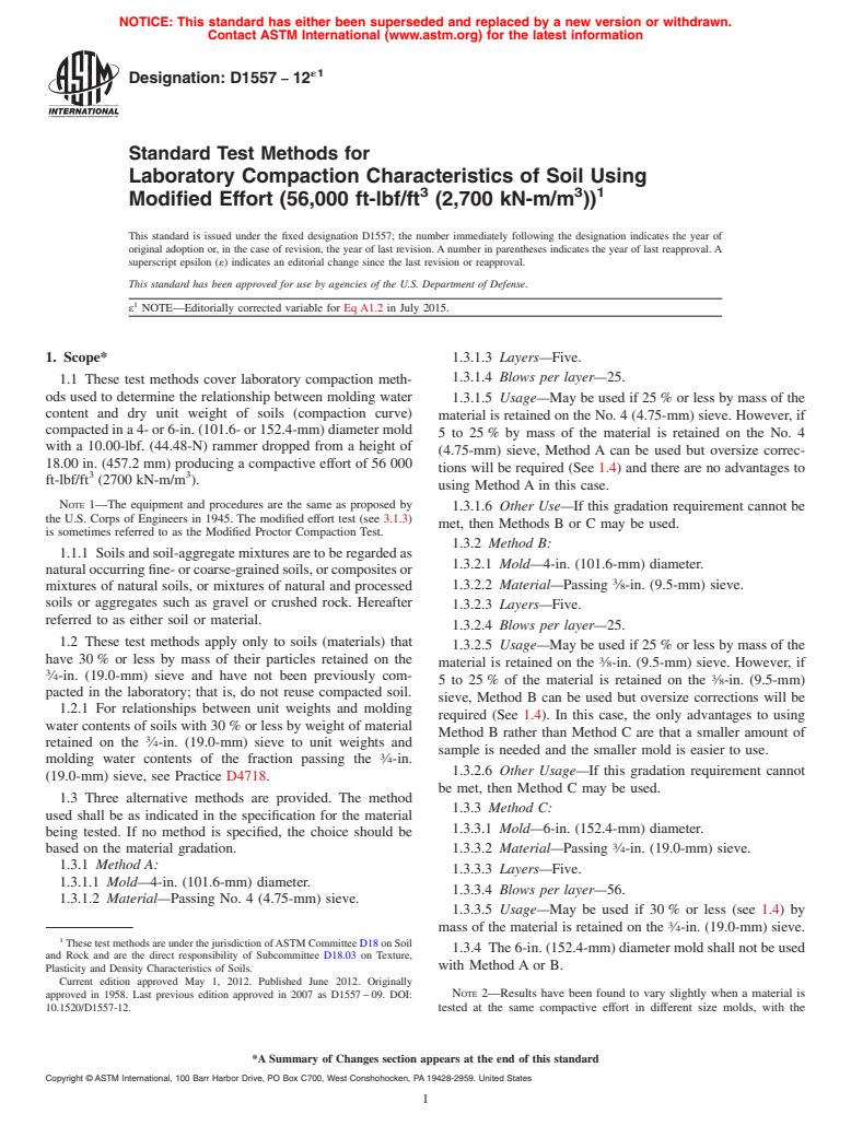 ASTM D1557-12e1 - Standard Test Methods for Laboratory Compaction Characteristics of Soil Using Modified   Effort  (56,000 ft-lbf/ft<sup>3</sup> (2,700 kN-m/m<sup>3</sup>))