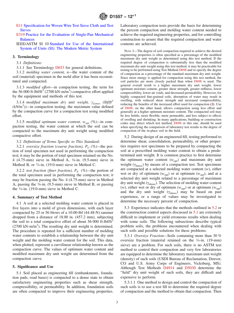 ASTM D1557-12e1 - Standard Test Methods for Laboratory Compaction Characteristics of Soil Using Modified   Effort  (56,000 ft-lbf/ft<sup>3</sup> (2,700 kN-m/m<sup>3</sup>))