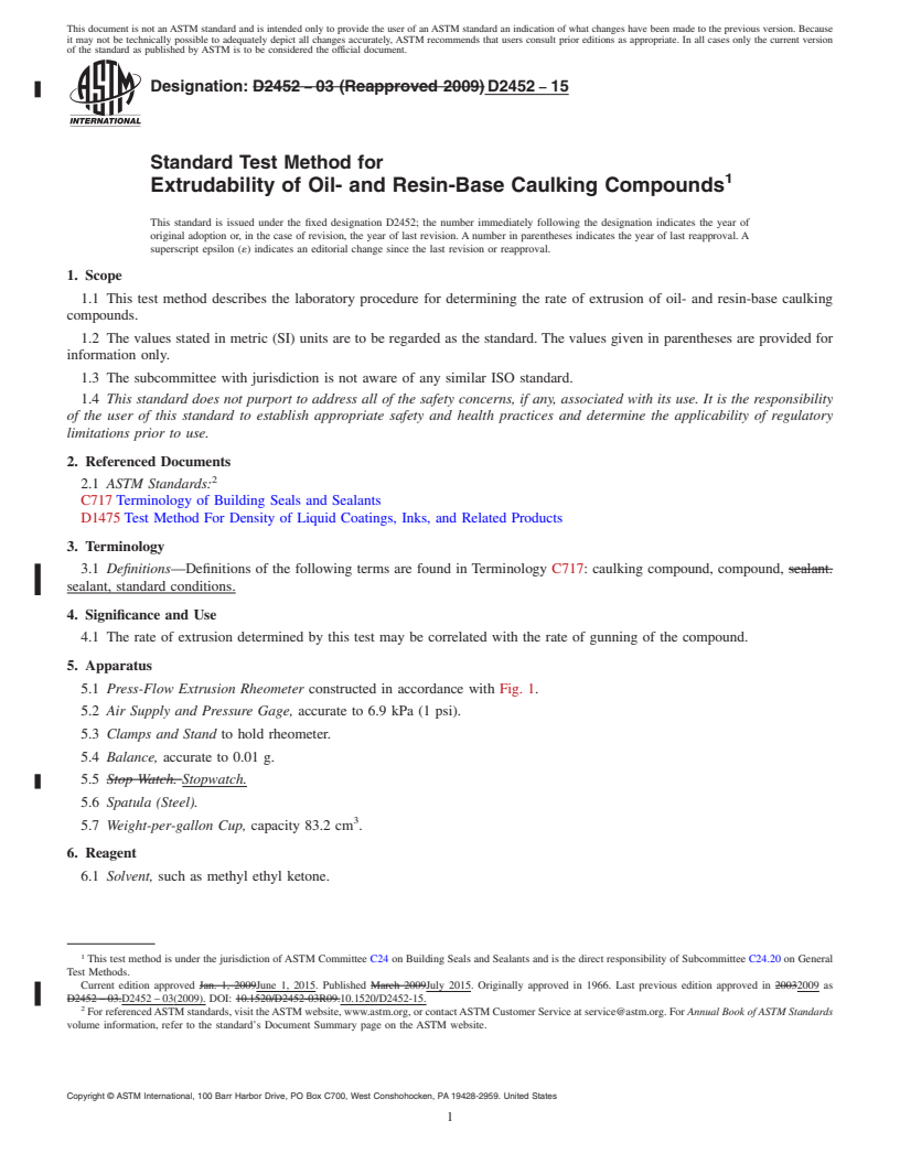 REDLINE ASTM D2452-15 - Standard Test Method for  Extrudability of Oil- and Resin-Base Caulking Compounds