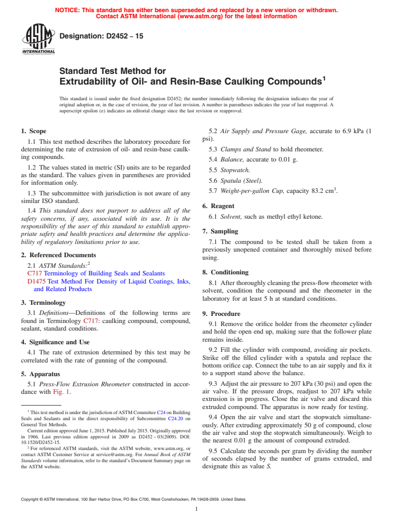 ASTM D2452-15 - Standard Test Method for  Extrudability of Oil- and Resin-Base Caulking Compounds