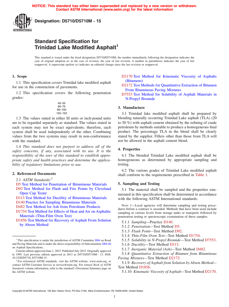 ASTM D5710/D5710M-15 - Standard Specification for Trinidad Lake Modified Asphalt