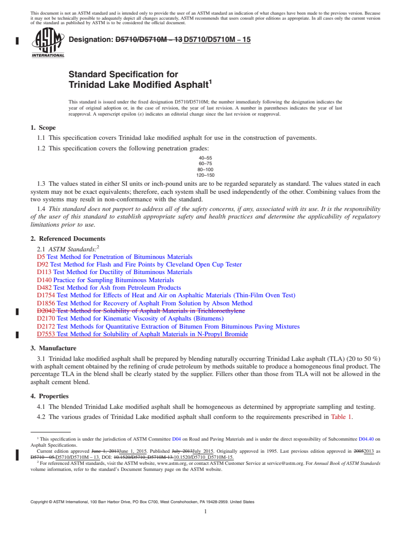REDLINE ASTM D5710/D5710M-15 - Standard Specification for Trinidad Lake Modified Asphalt