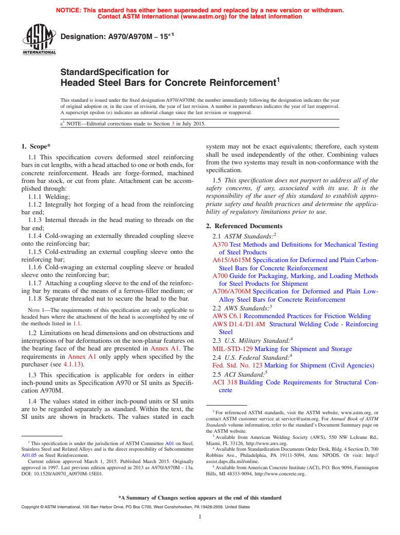 ASTM A970/A970M-15e1 - Standard Specification for  Headed Steel Bars for Concrete Reinforcement