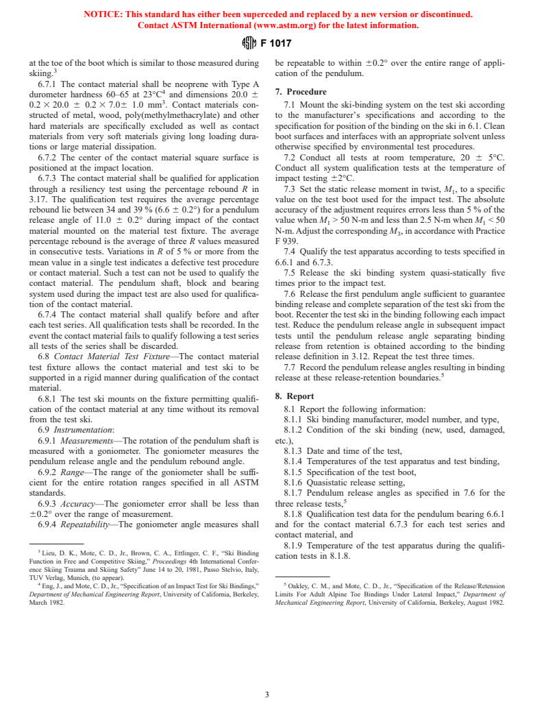 ASTM F1017-86(1994) - Standard Test Method for Testing Lateral Toe Release of Adult Alpine Ski Bindings Under Impact Loading (Withdrawn 2002)