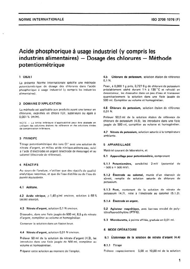 ISO 3708:1976 - Acide phosphorique a usage industriel (y compris les industries alimentaires) -- Dosage des chlorures -- Méthode potentiométrique