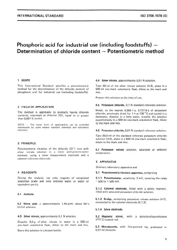 ISO 3708:1976 - Phosphoric acid for industrial use (including foodstuffs) -- Determination of chloride content -- Potentiometric method