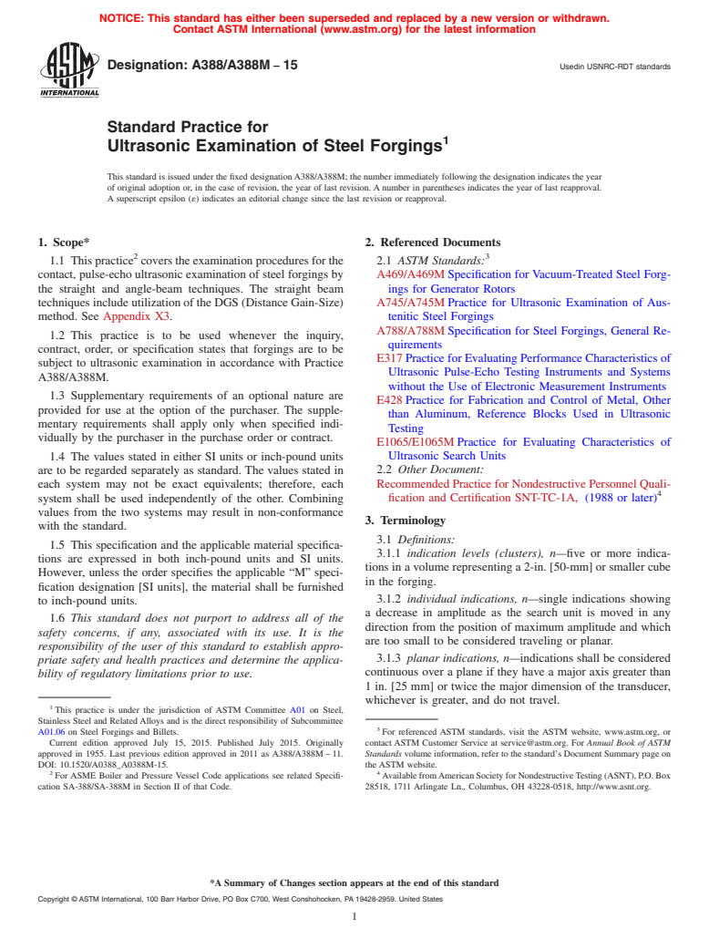 ASTM A388/A388M-15 - Standard Practice for Ultrasonic Examination of Steel Forgings