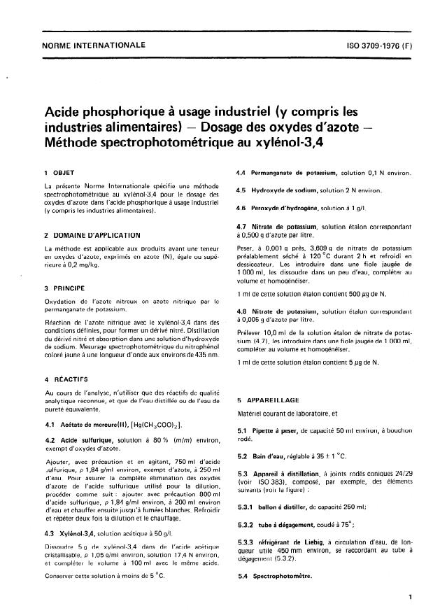 ISO 3709:1976 - Acide phosphorique a usage industriel (y compris les industries alimentaires) -- dosage des oxydes d'azote -- Méthode spectrophotométrique au xylénol-3,4