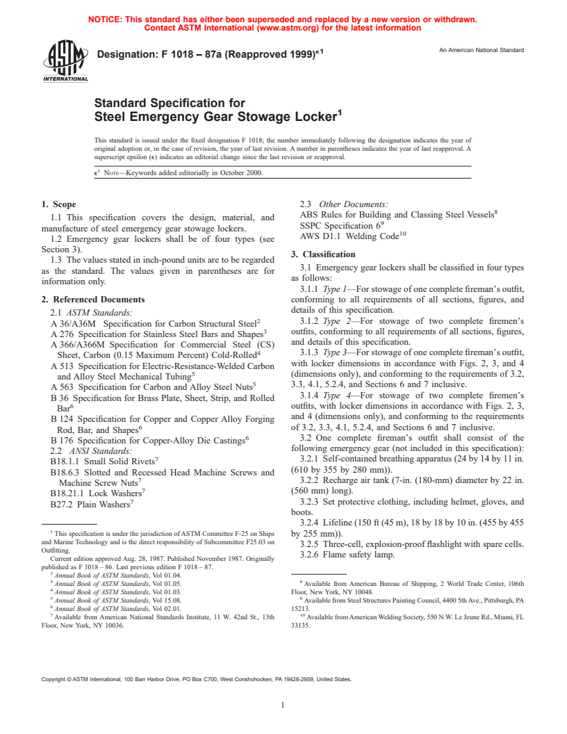 ASTM F1018-87a(1999)e1 - Standard Specification for Steel Emergency Gear Stowage Locker