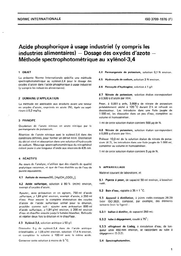 ISO 3709:1976 - Acide phosphorique a usage industriel (y compris les industries alimentaires) -- dosage des oxydes d'azote -- Méthode spectrophotométrique au xylénol-3,4