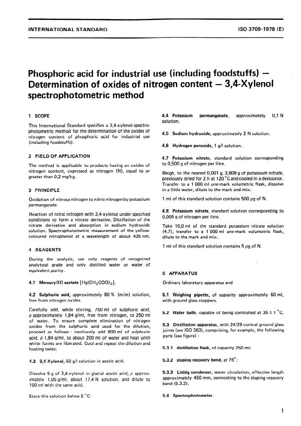 ISO 3709:1976 - Phosphoric acid for industrial use (including foodstuffs) -- Determination of oxides of nitrogen content -- 3,4- Xylenol spectrophotometric method