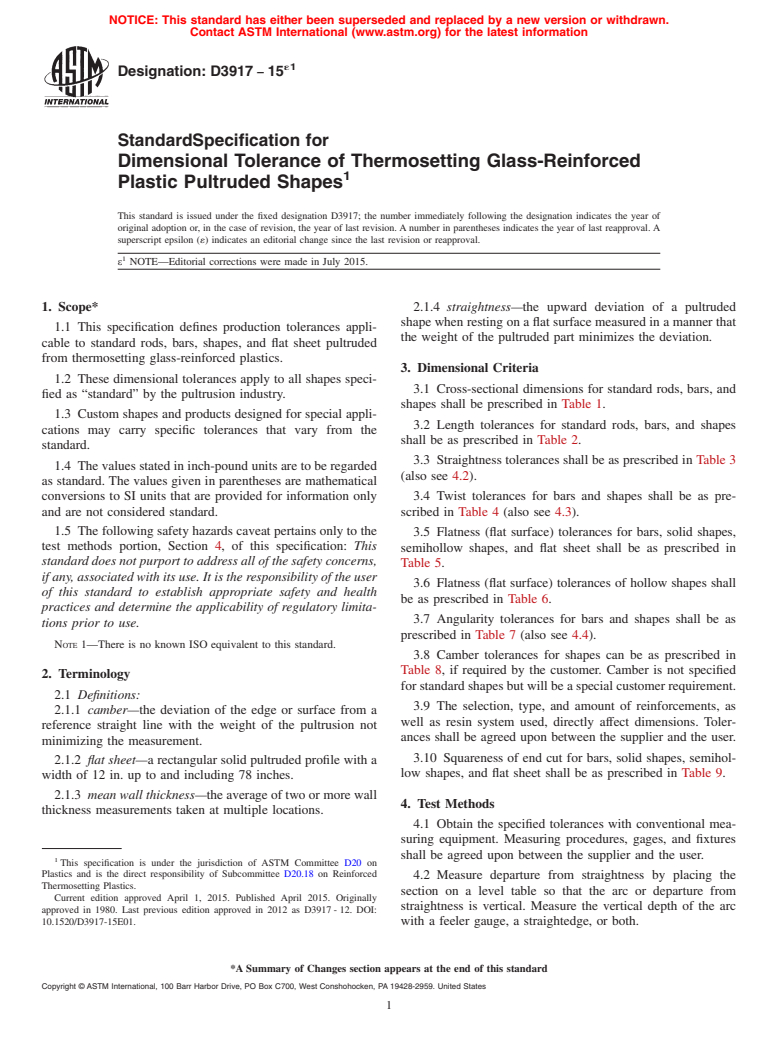 ASTM D3917-15e1 - Standard Specification for  Dimensional Tolerance of Thermosetting Glass-Reinforced Plastic  Pultruded Shapes