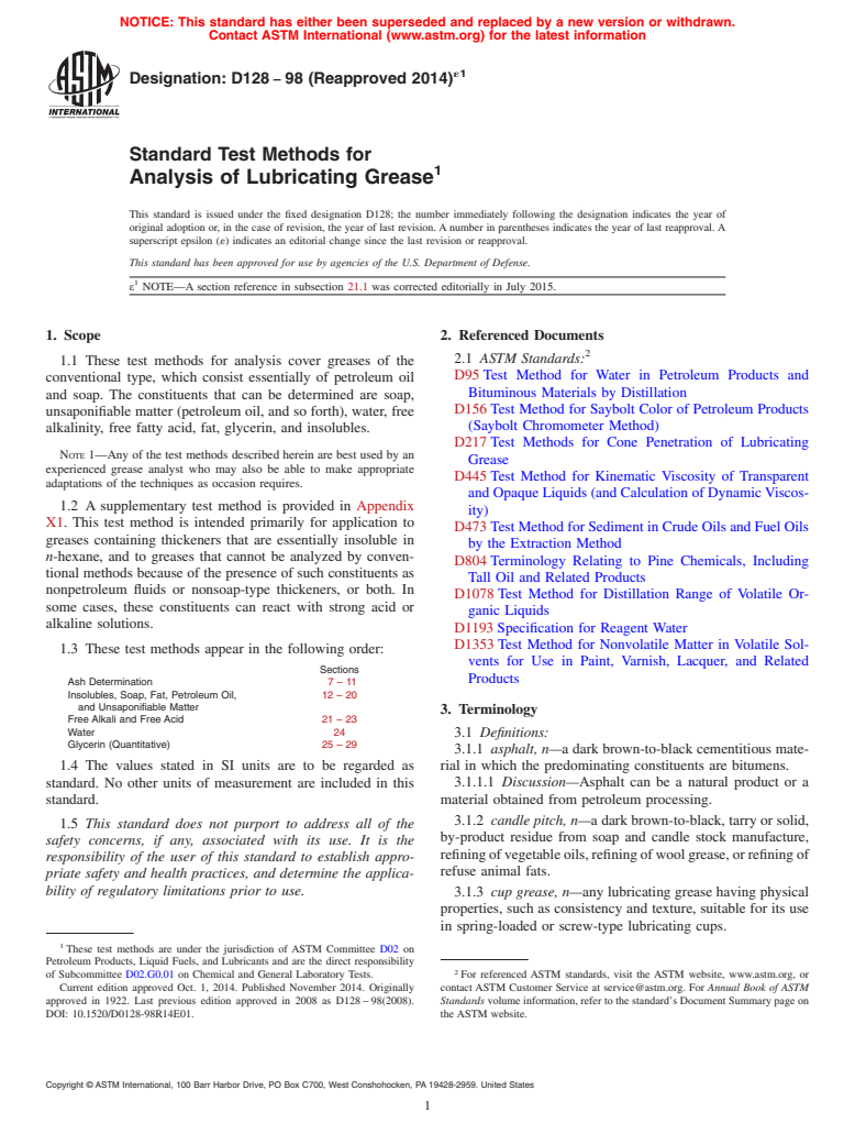 ASTM D128-98(2014)e1 - Standard Test Methods for  Analysis of Lubricating Grease