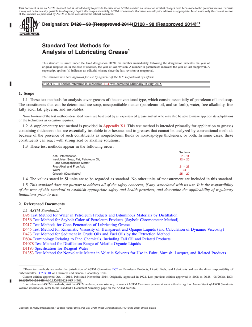 REDLINE ASTM D128-98(2014)e1 - Standard Test Methods for  Analysis of Lubricating Grease