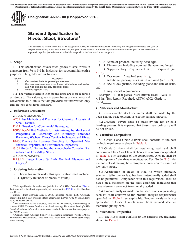 ASTM A502-03(2015) - Standard Specification for  Rivets, Steel, Structural