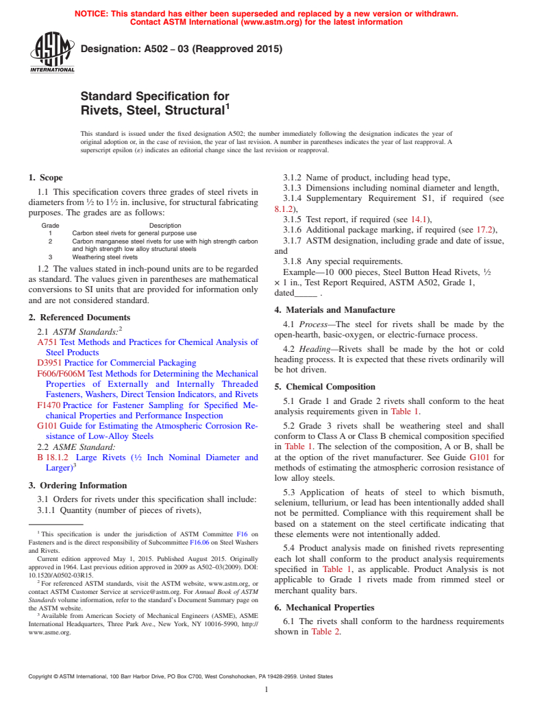 ASTM A502-03(2015) - Standard Specification for  Rivets, Steel, Structural