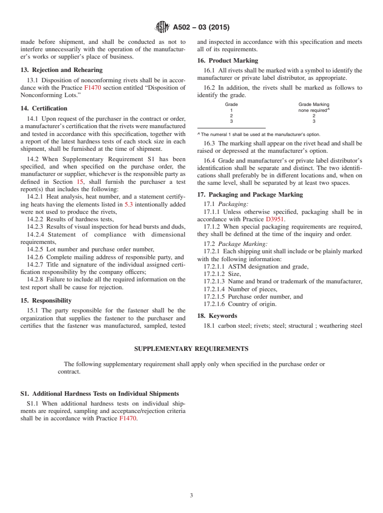 ASTM A502-03(2015) - Standard Specification for  Rivets, Steel, Structural