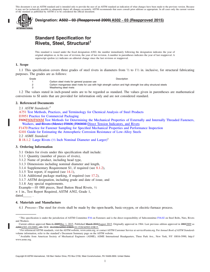 REDLINE ASTM A502-03(2015) - Standard Specification for  Rivets, Steel, Structural