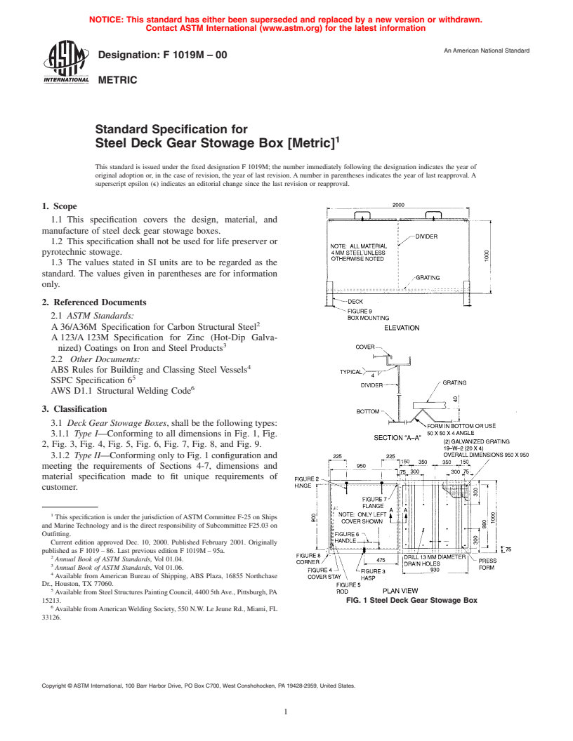 ASTM F1019M-00 - Standard Specification for Steel Deck Gear Stowage Box [Metric]