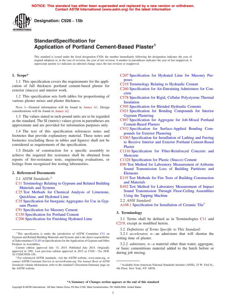 ASTM C926-15b - Standard Specification for  Application of Portland Cement-Based Plaster