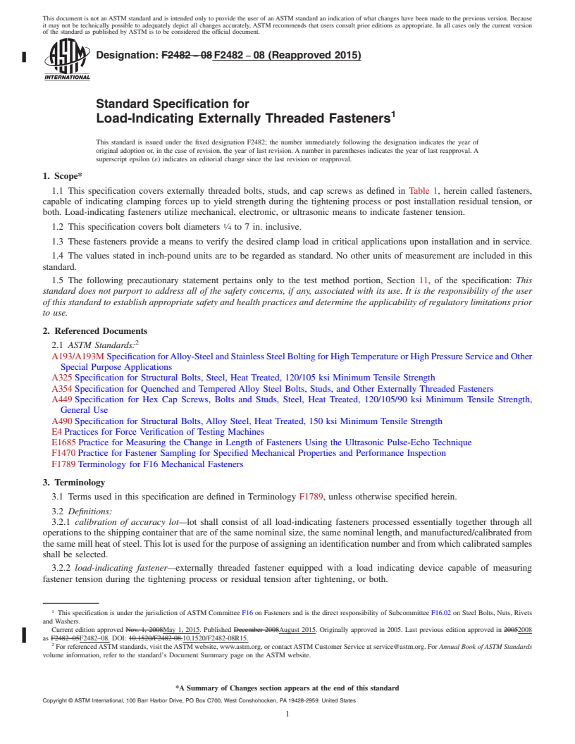 REDLINE ASTM F2482-08(2015) - Standard Specification for  Load-Indicating Externally Threaded Fasteners