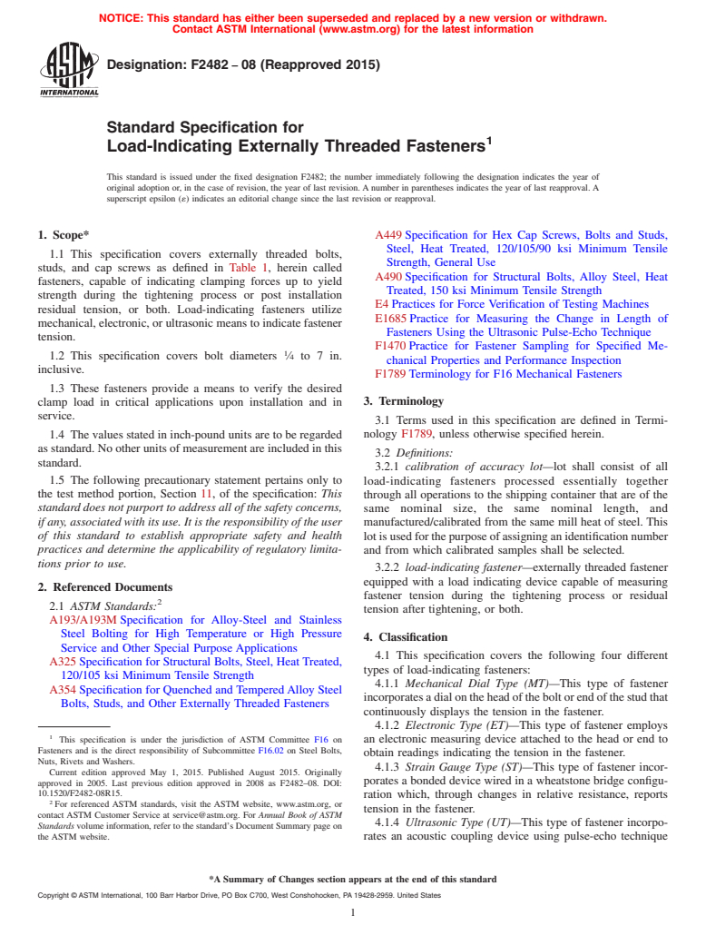 ASTM F2482-08(2015) - Standard Specification for  Load-Indicating Externally Threaded Fasteners