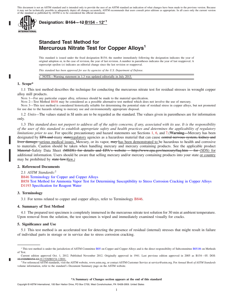 REDLINE ASTM B154-12e1 - Standard Test Method for Mercurous Nitrate Test for Copper Alloys