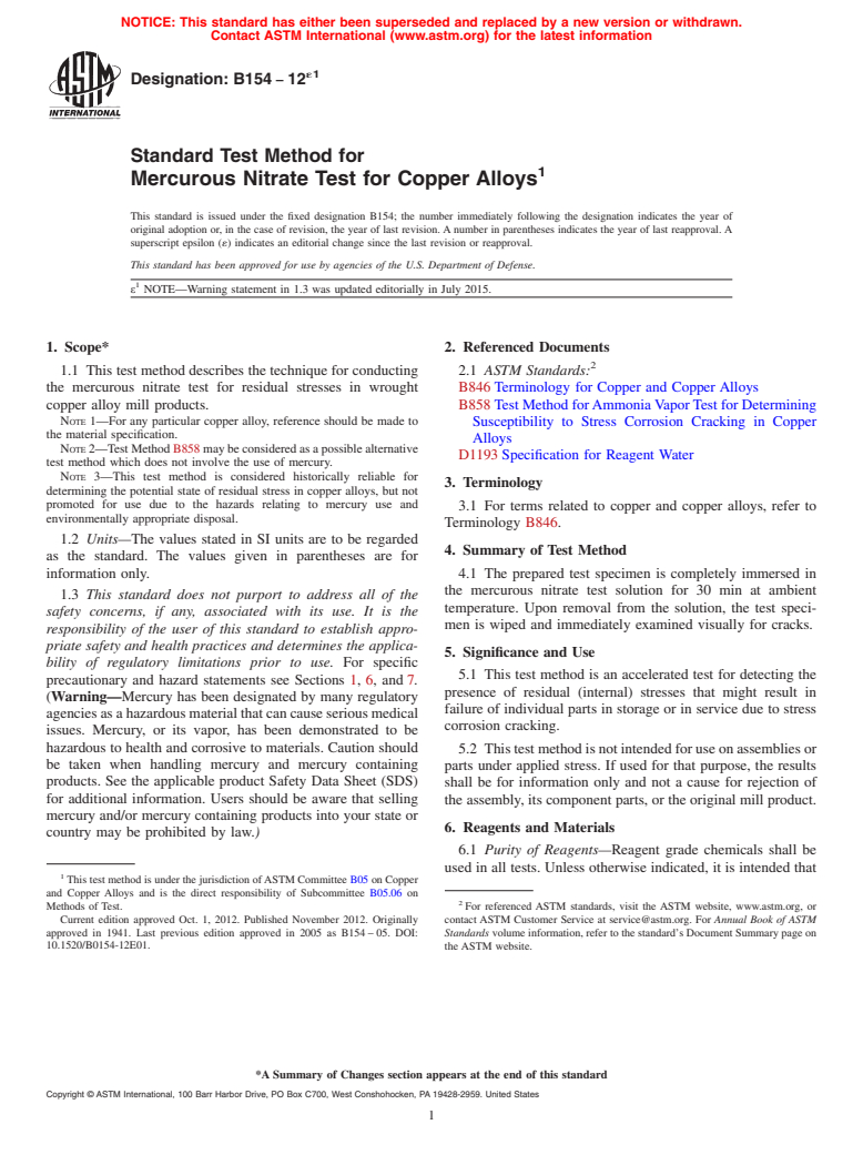 ASTM B154-12e1 - Standard Test Method for Mercurous Nitrate Test for Copper Alloys