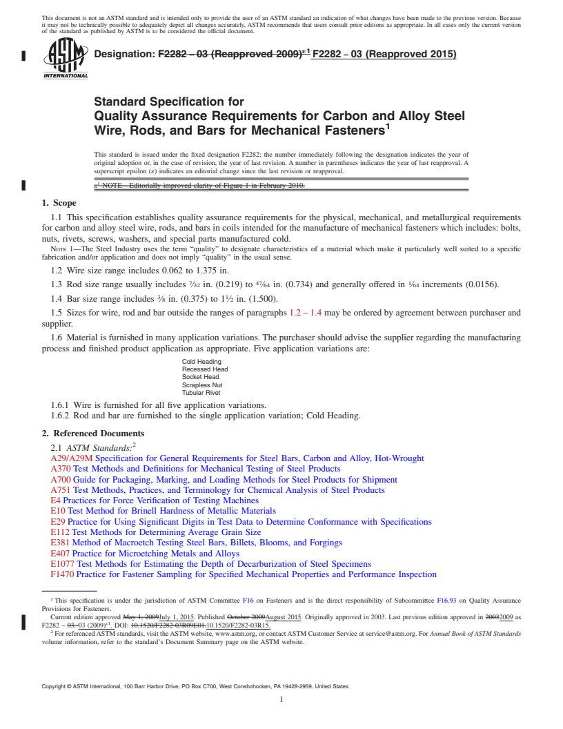 REDLINE ASTM F2282-03(2015) - Standard Specification for  Quality Assurance Requirements for Carbon and Alloy Steel Wire,   Rods, and Bars for Mechanical Fasteners