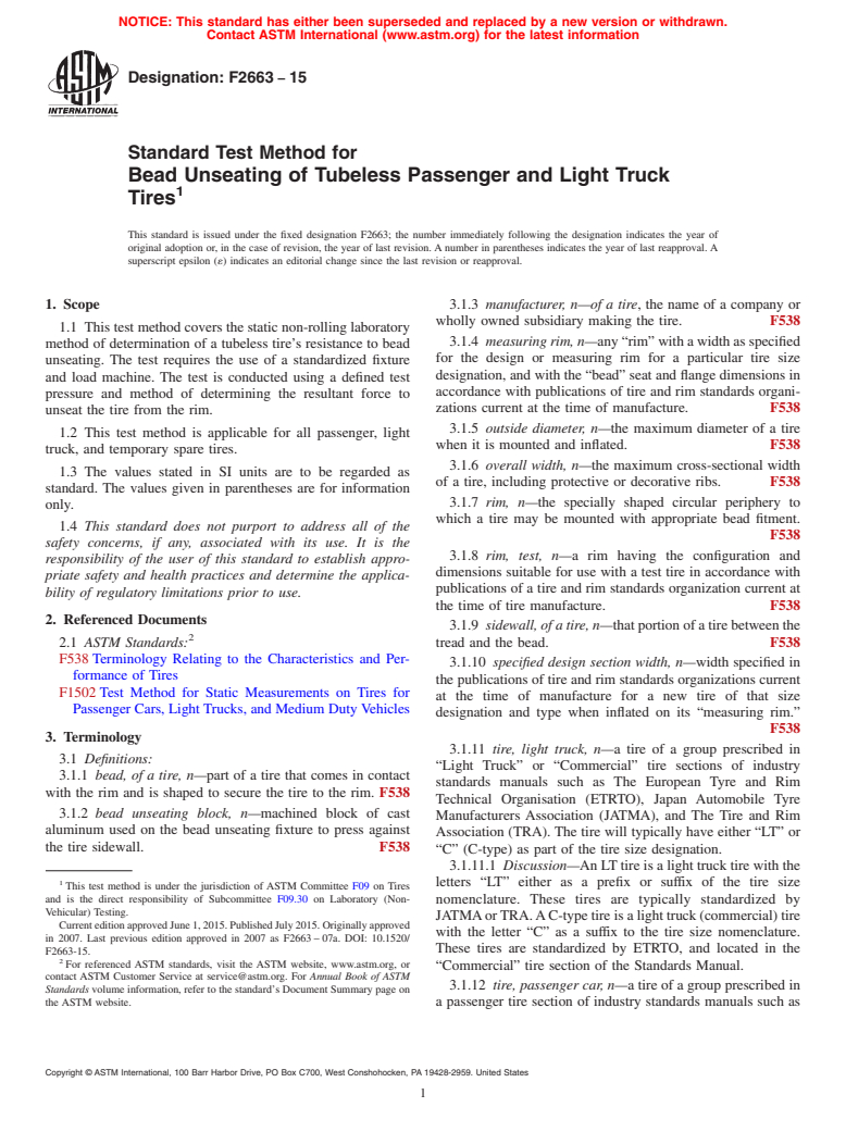 ASTM F2663-15 - Standard Test Method for Bead Unseating of Tubeless Passenger and Light Truck Tires